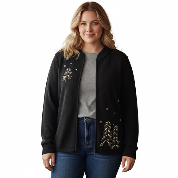 Vintage Breckenridge Black Embroidered Zip Cardigan Sweater Green Forest 1X - Picture 2 of 11